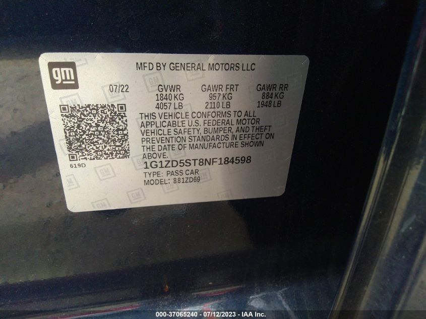 2022 CHEVROLET MALIBU LT - 1G1ZD5ST8NF184598