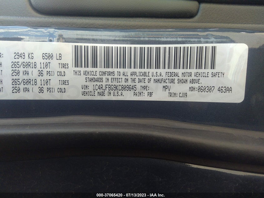 VIN 1C4RJFBG9KC809645 2019 JEEP GRAND CHEROKEE LIMITED