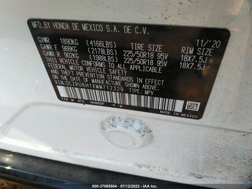 VIN 3CZRU6H1XMM712329 2021 HONDA HR-V SPORT