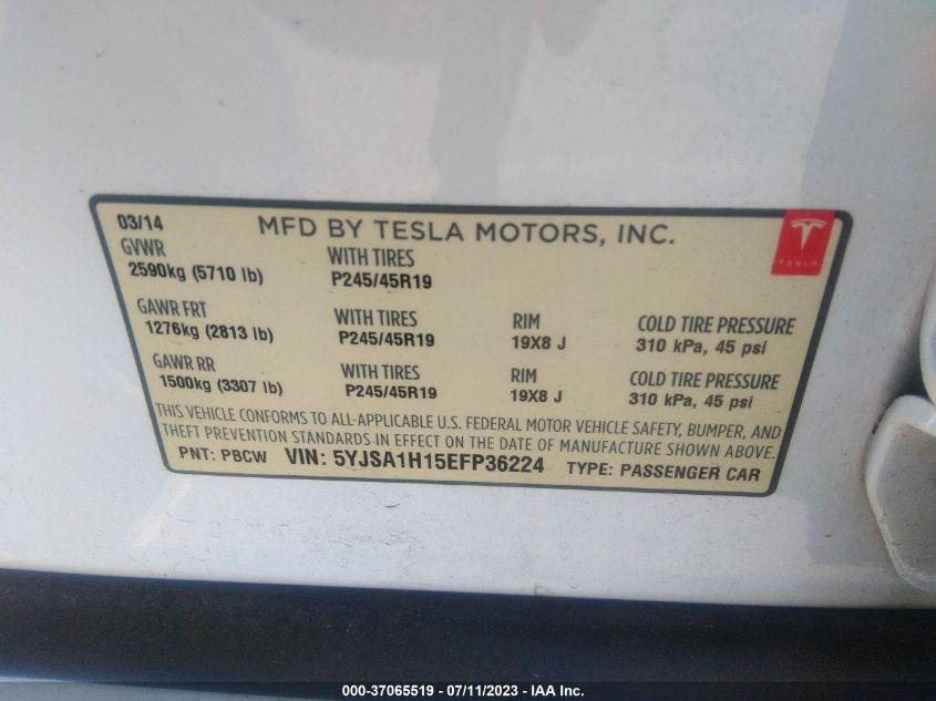 2014 TESLA MODEL S 60 KWH BATTERY/P85 - 5YJSA1H15EFP36224