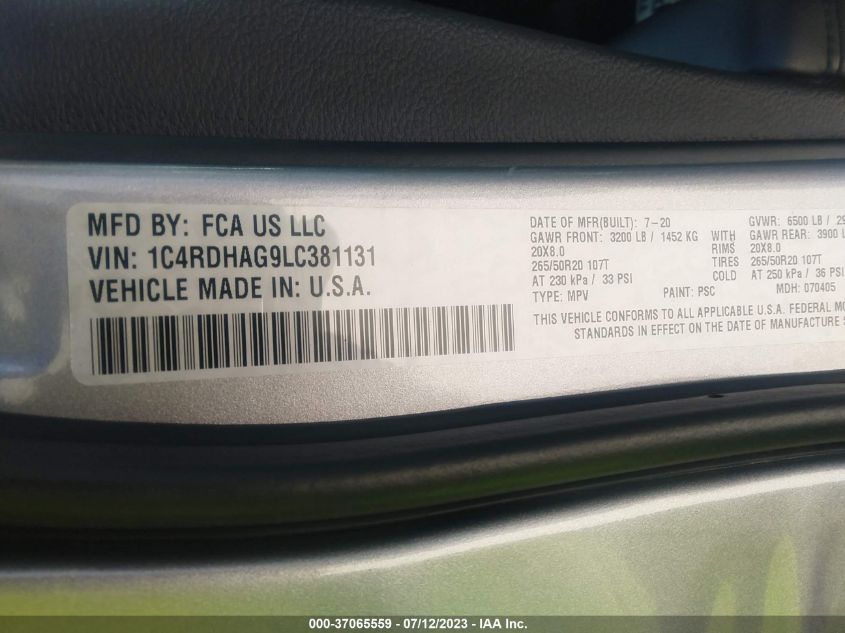 2020 DODGE DURANGO SXT PLUS - 1C4RDHAG9LC381131