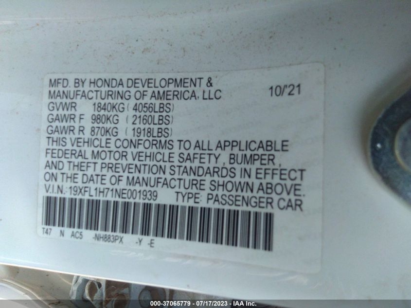 2022 HONDA CIVIC HATCHBACK EX-L - 19XFL1H71NE001939
