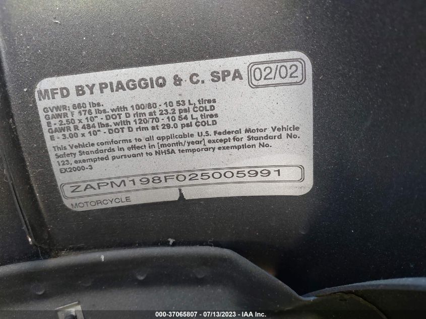 2002 VESPA M198F ZAPM198F025005991
