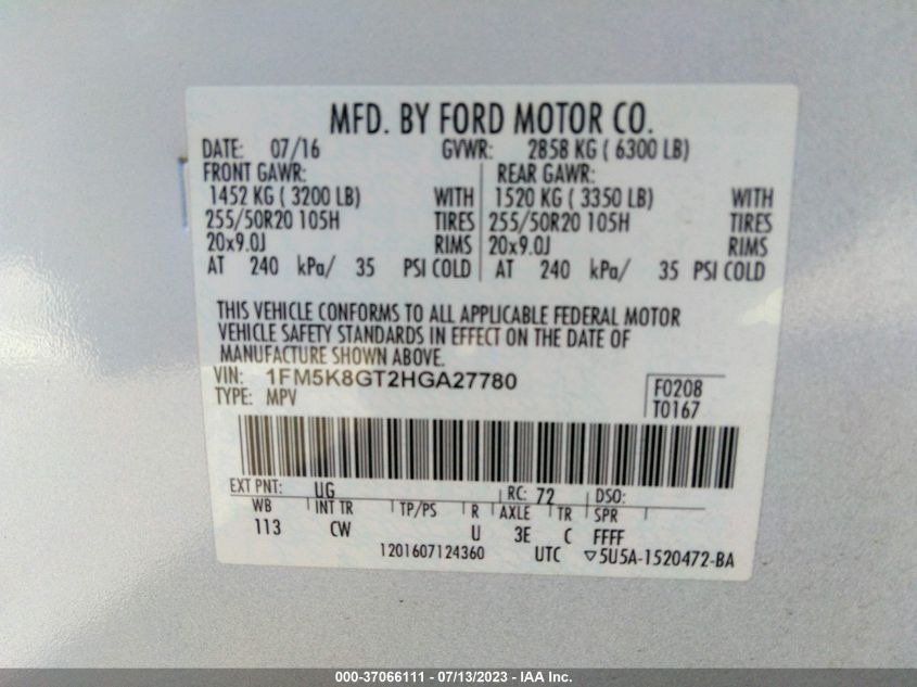 2017 FORD EXPLORER SPORT - 1FM5K8GT2HGA27780