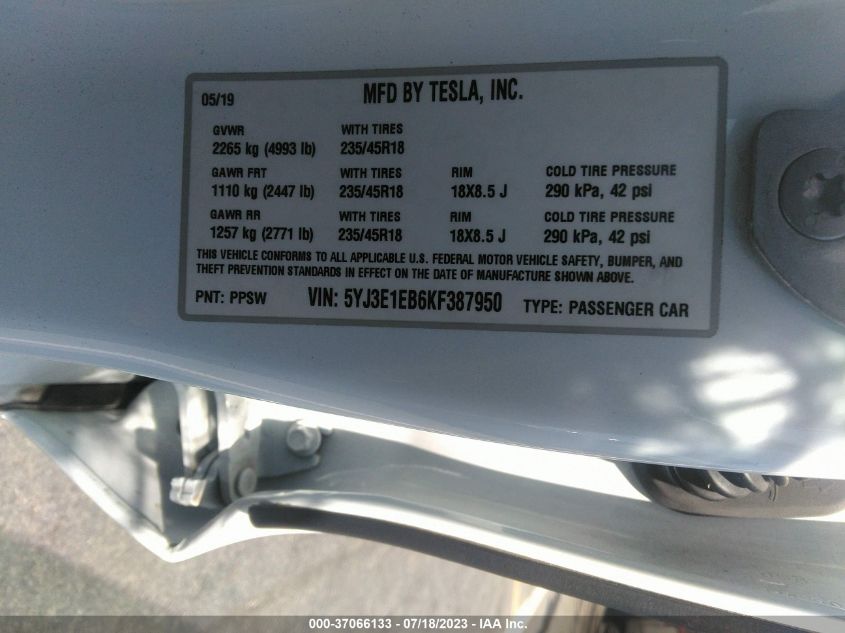 2019 TESLA MODEL 3 LONG RANGE/PERFORMANCE - 5YJ3E1EB6KF387950