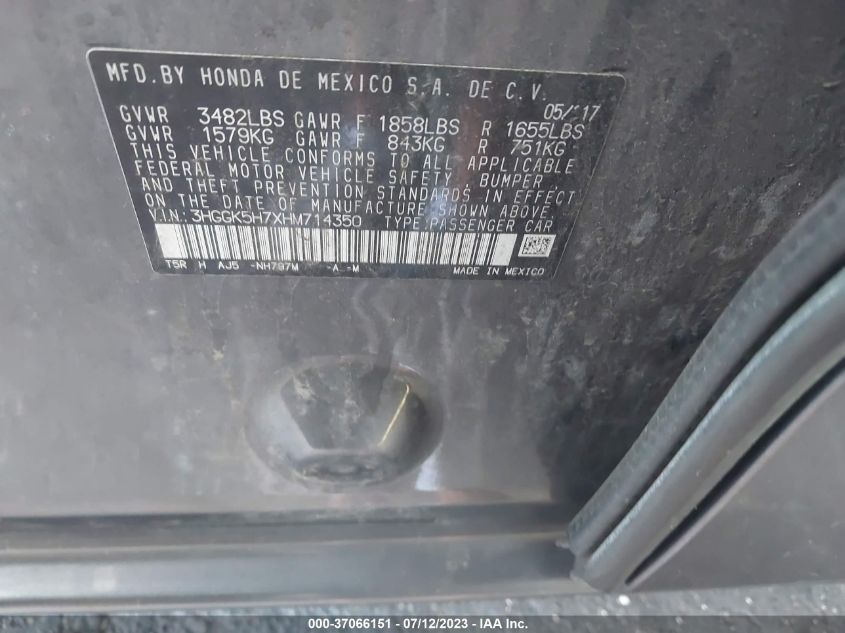 2017 HONDA FIT EX - 3HGGK5H7XHM714350