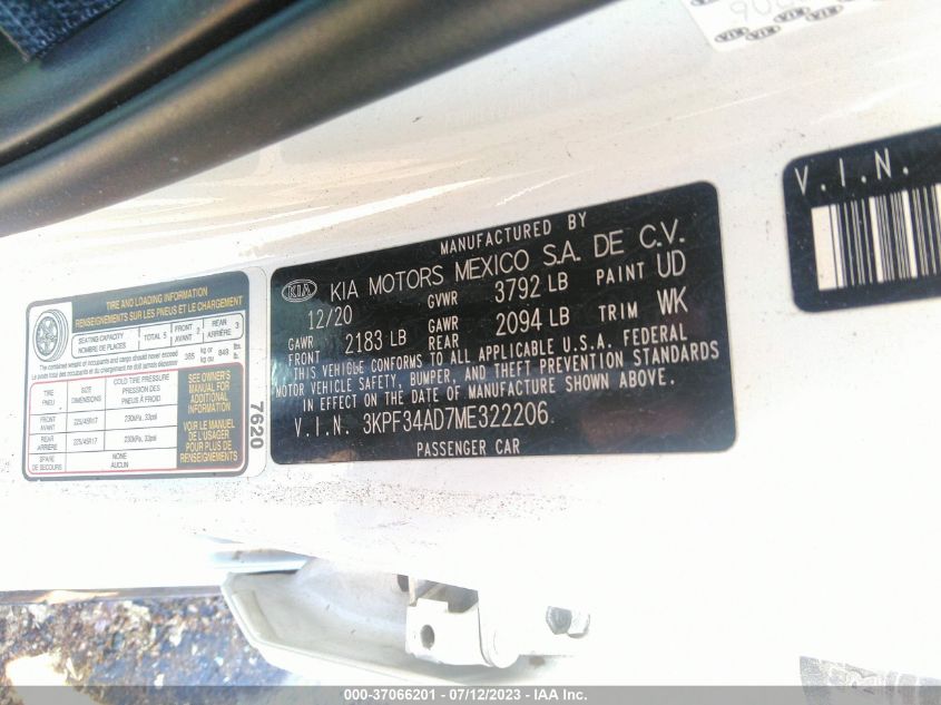 2021 KIA FORTE GT-LINE - 3KPF34AD7ME322206