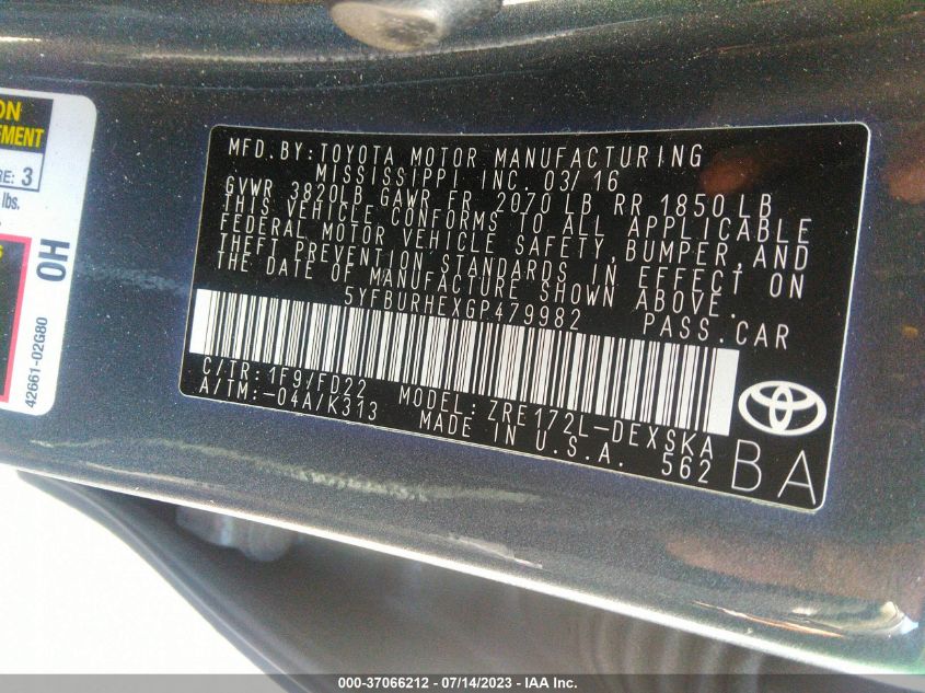 2016 TOYOTA COROLLA L/LE/S/S PLUS/LE PLUS - 5YFBURHEXGP479982