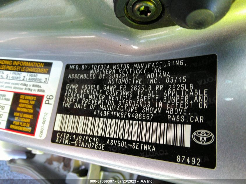 2015 TOYOTA CAMRY XLE/SE/LE/XSE - 4T4BF1FK6FR486967