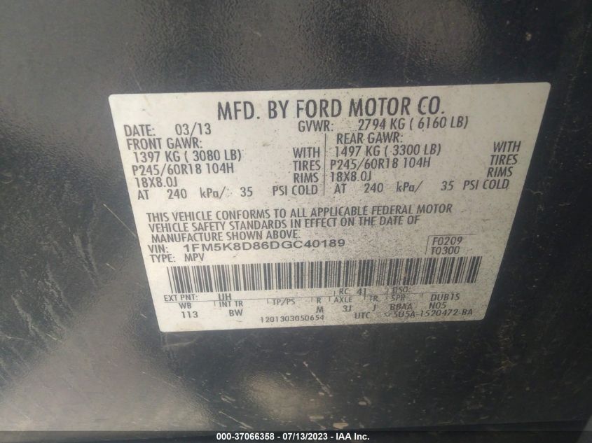 2013 FORD EXPLORER XLT - 1FM5K8D86DGC40189