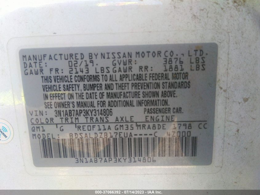 2019 NISSAN SENTRA SV - 3N1AB7AP3KY314806