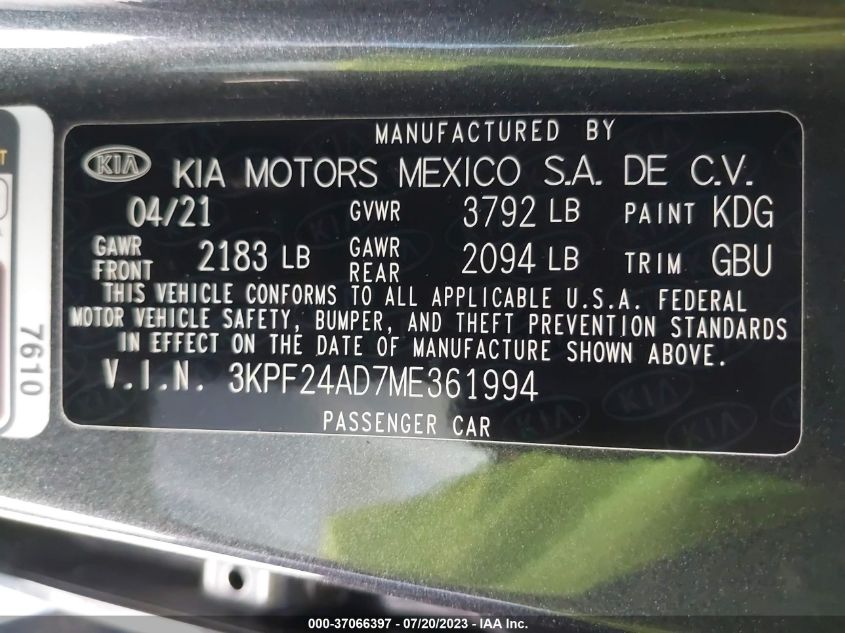 2021 KIA FORTE LXS - 3KPF24AD7ME361994