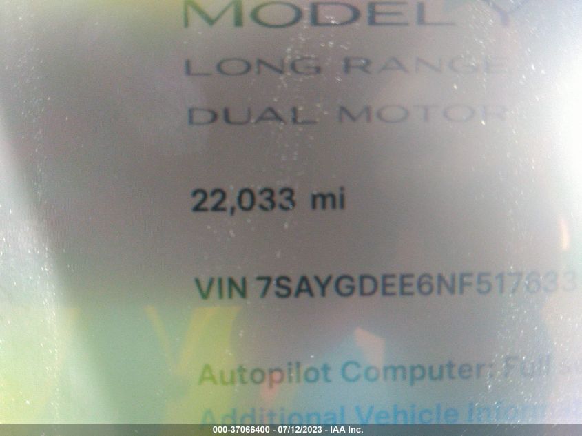 2022 TESLA MODEL Y - 7SAYGDEE6NF517633