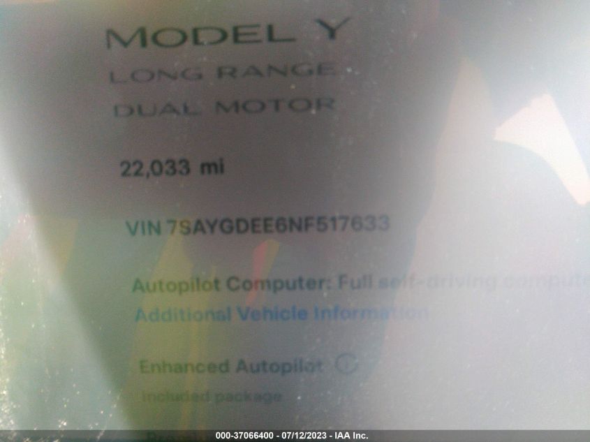 2022 TESLA MODEL Y - 7SAYGDEE6NF517633