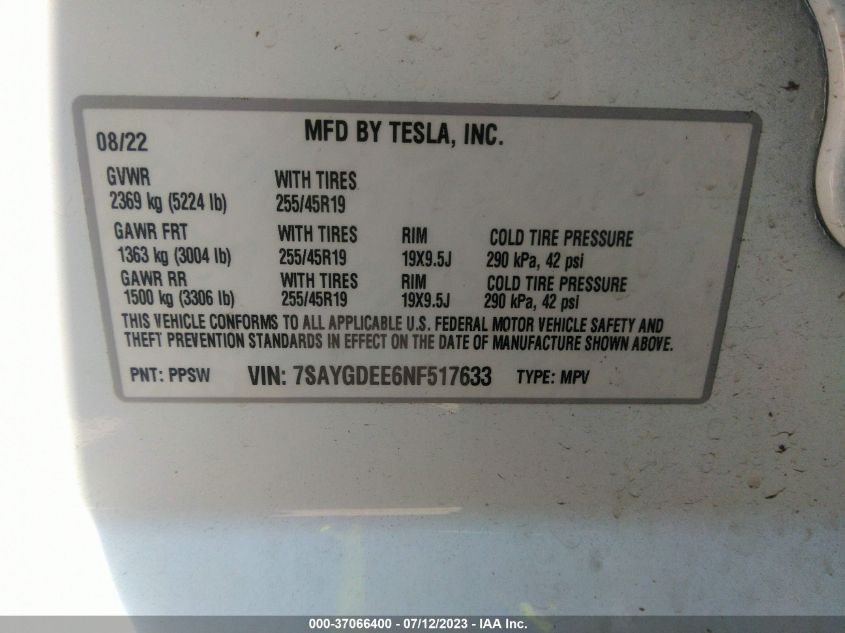 2022 TESLA MODEL Y - 7SAYGDEE6NF517633