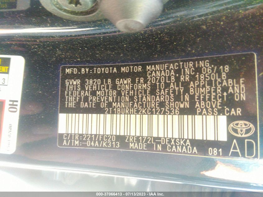 2019 TOYOTA COROLLA L/LE/SE/XLE/XSE - 2T1BURHE2KC127536