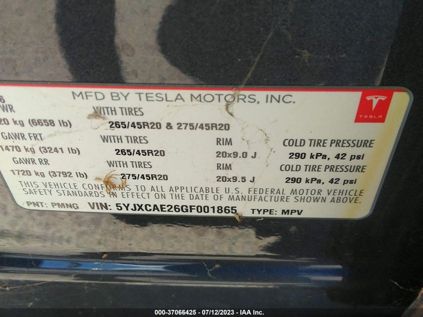 2016 TESLA MODEL X 70D/90D/75D/60D - 5YJXCAE26GF001865