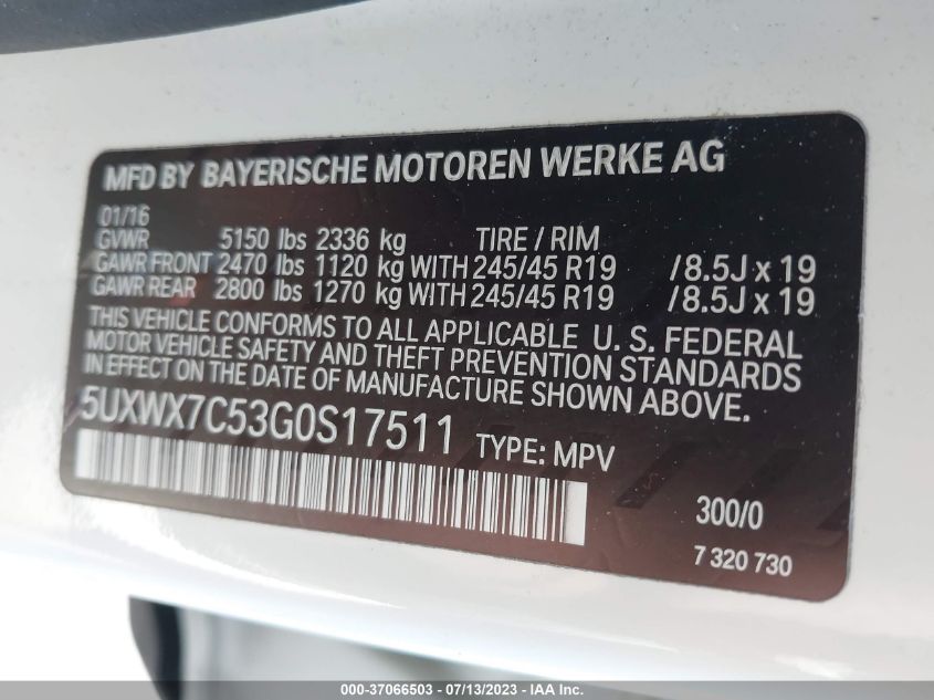 2016 BMW X3 XDRIVE35I - 5UXWX7C53G0S17511