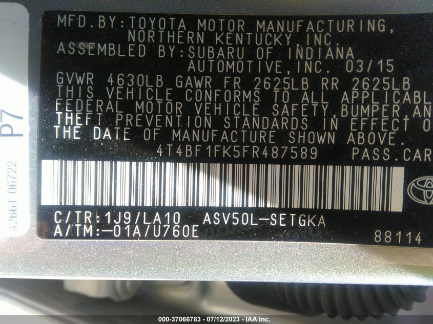 2015 TOYOTA CAMRY LE/XLE/SE/XSE - 4T4BF1FK5FR487589