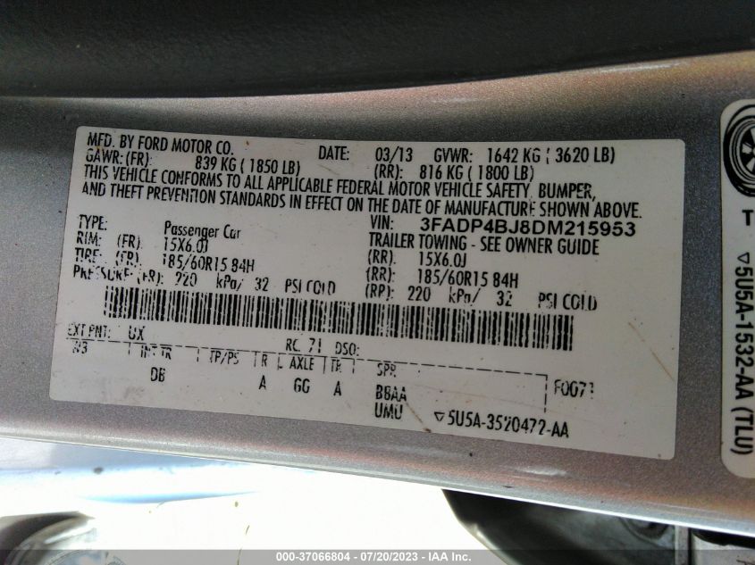 2013 FORD FIESTA SE - 3FADP4BJ8DM215953