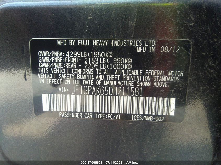 2013 SUBARU IMPREZA WAGON 2.0I LIMITED - JF1GPAK65DH211581