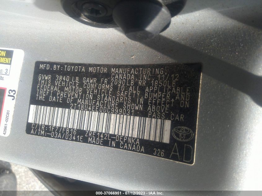 2013 TOYOTA COROLLA LE - 2T1BU4EE0DC999031