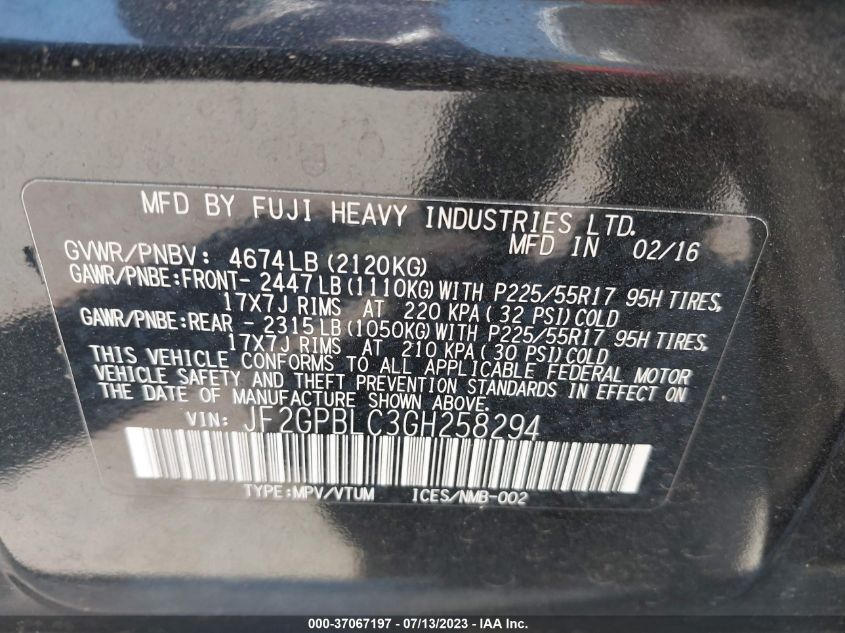 2016 SUBARU CROSSTREK HYBRID TOURING JF2GPBLC3GH258294