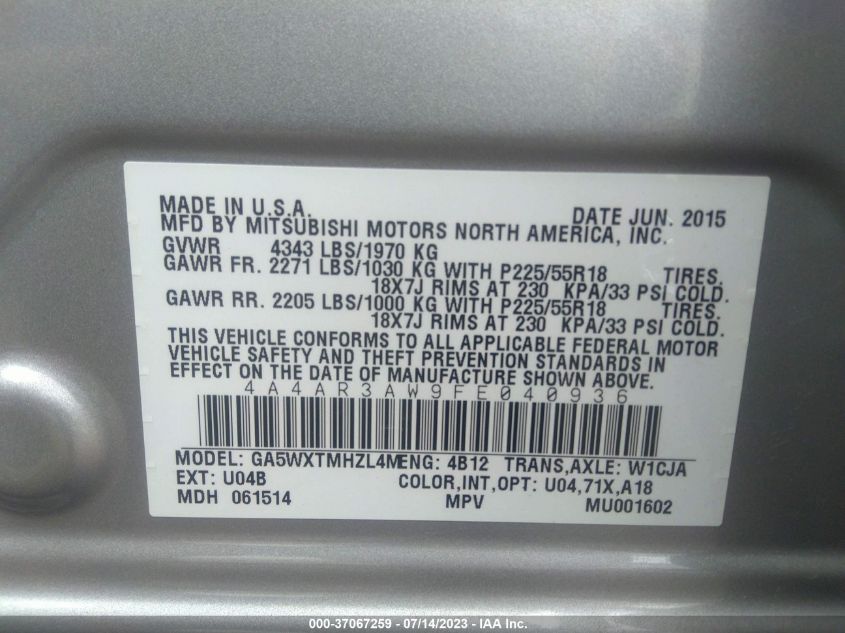 2015 MITSUBISHI OUTLANDER SPORT 2.4 ES - 4A4AR3AW9FE040936