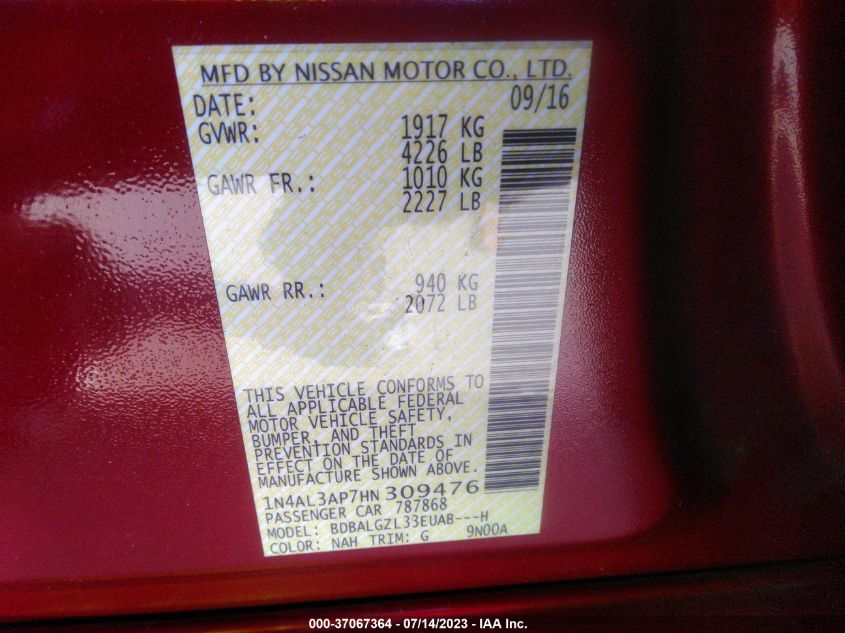 2017 NISSAN ALTIMA 2.5 S - 1N4AL3AP7HN309476