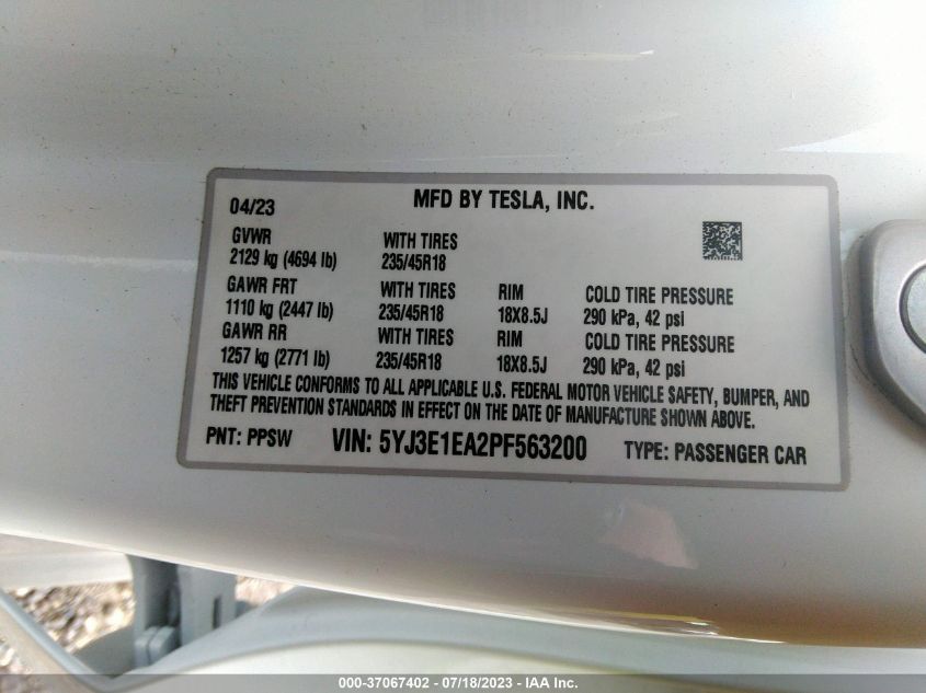 2023 TESLA MODEL 3 - 5YJ3E1EA2PF563200