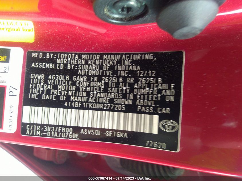 2013 TOYOTA CAMRY L/LE/SE/XLE - 4T4BF1FK0DR277205