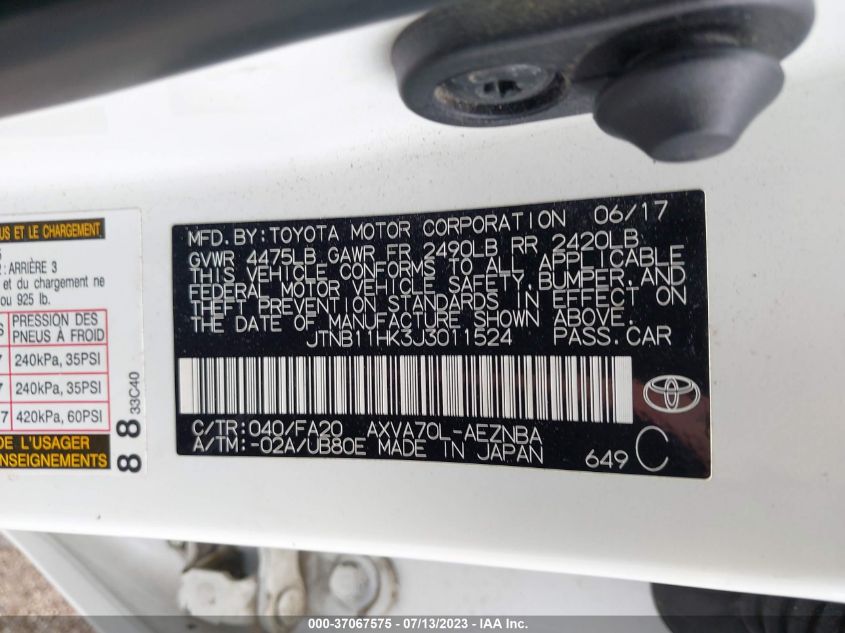 2018 TOYOTA CAMRY LE/SE/XLE/L - JTNB11HK3J3011524