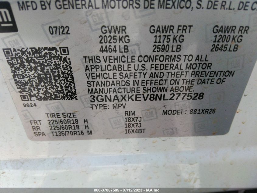 2022 CHEVROLET EQUINOX LT - 3GNAXKEV8NL277528