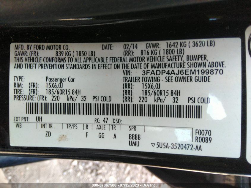 2014 FORD FIESTA S - 3FADP4AJ6EM199870
