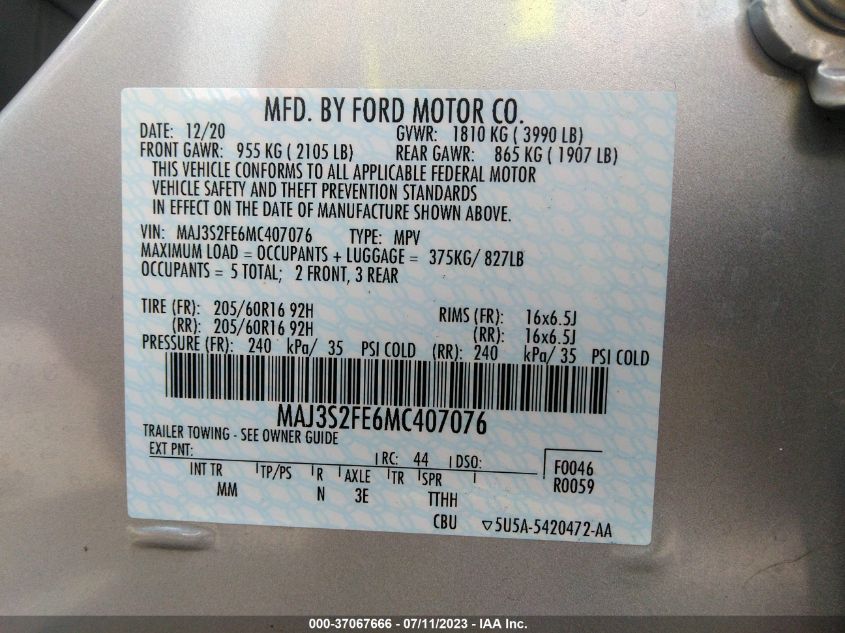 2021 FORD ECOSPORT S - MAJ3S2FE6MC407076