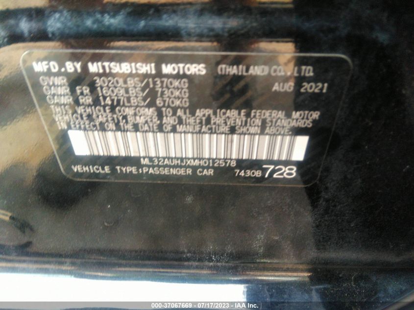 2021 MITSUBISHI MIRAGE ES/LE/CARBONITE EDITION - ML32AUHJXMH012578