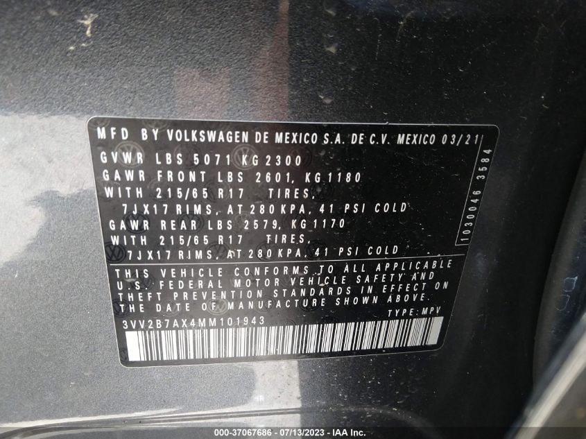 2021 VOLKSWAGEN TIGUAN SE/SE R-LINE BLACK/SEL - 3VV2B7AX4MM101943