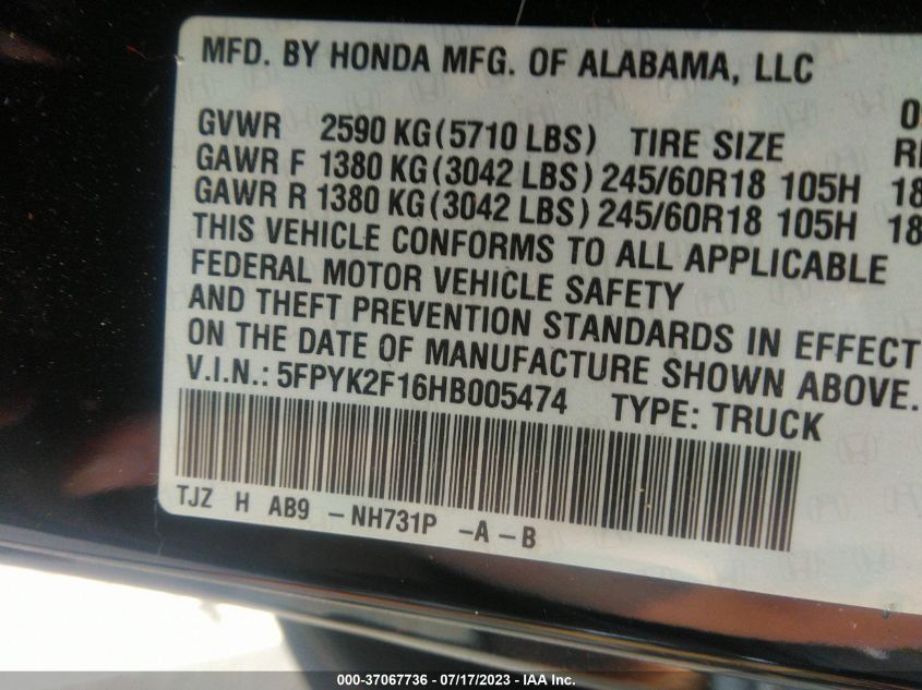 2017 HONDA RIDGELINE SPORT - 5FPYK2F16HB005474