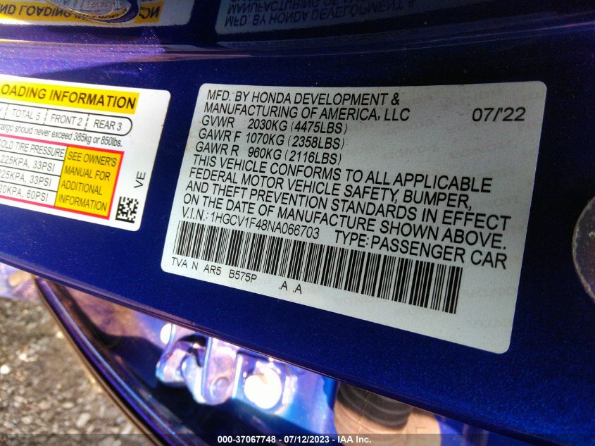 2022 HONDA ACCORD SEDAN SPORT SE - 1HGCV1F48NA066703