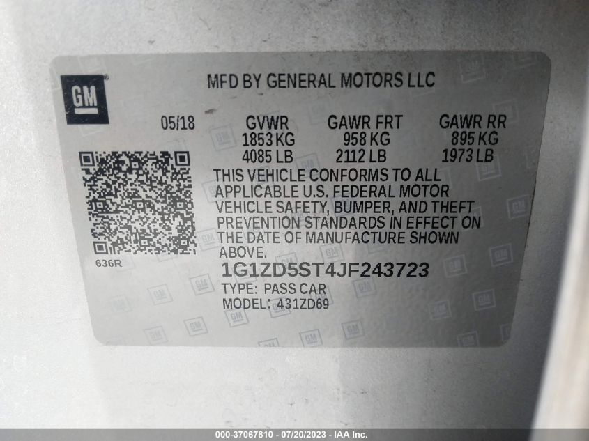 2018 CHEVROLET MALIBU LT - 1G1ZD5ST4JF243723