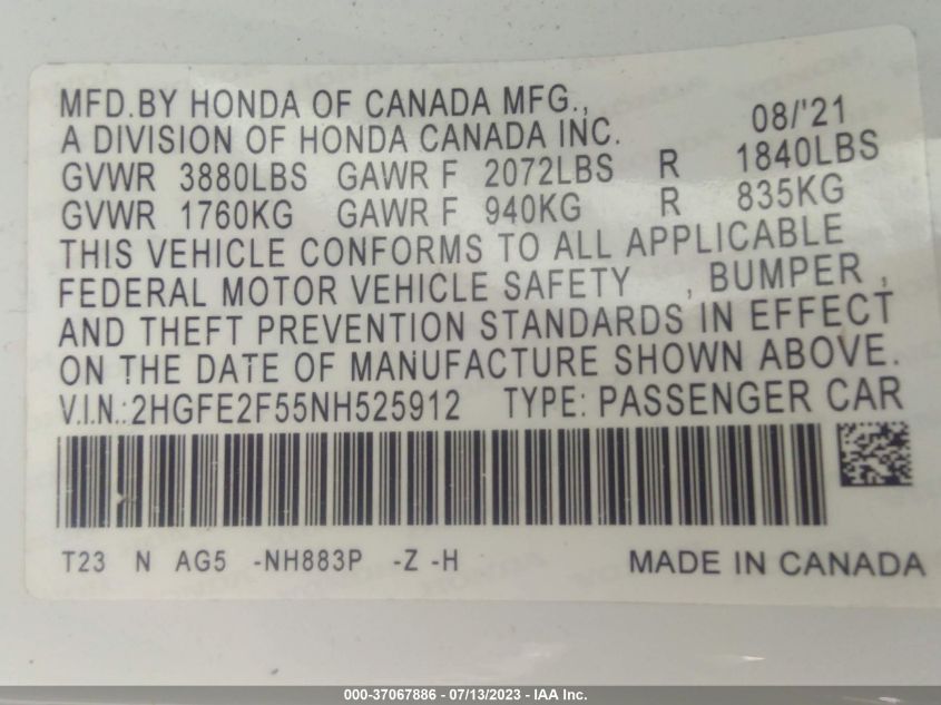 2022 HONDA CIVIC SEDAN SPORT - 2HGFE2F55NH525912