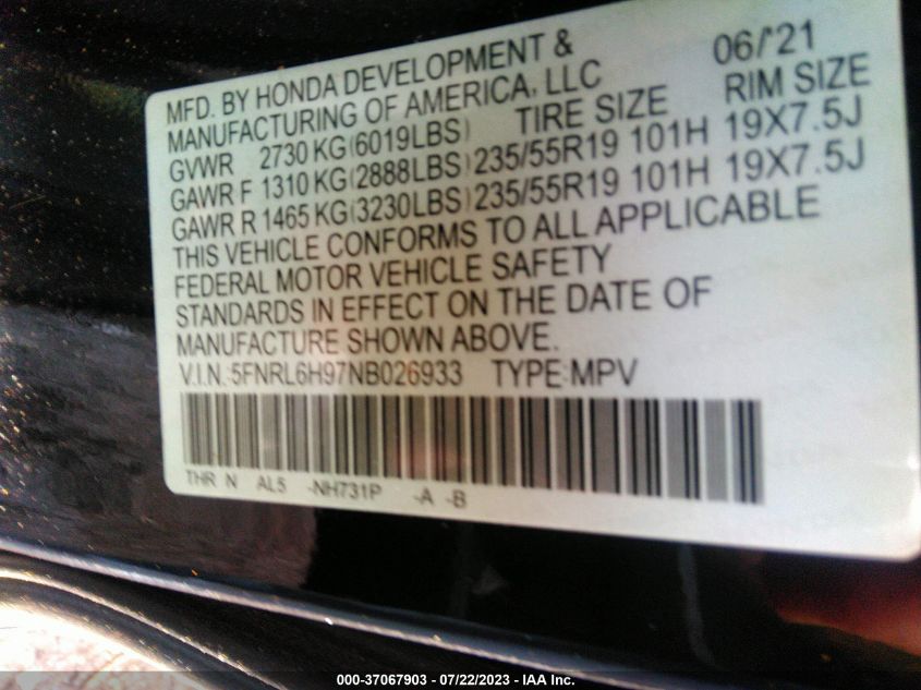 5FNRL6H97NB026933 2022 HONDA ODYSSEY, photo no. 9