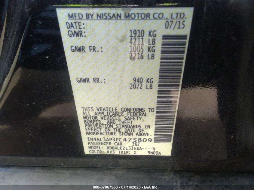 2015 NISSAN ALTIMA 2.5/S/SV/SL - 1N4AL3AP3FC475809