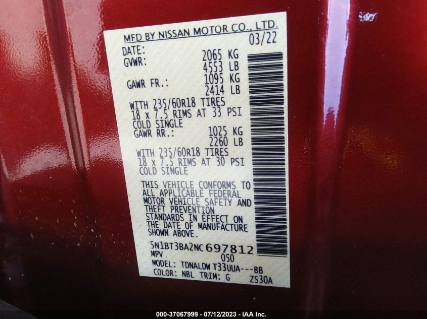2022 NISSAN ROGUE SV - 5N1BT3BA2NC697812