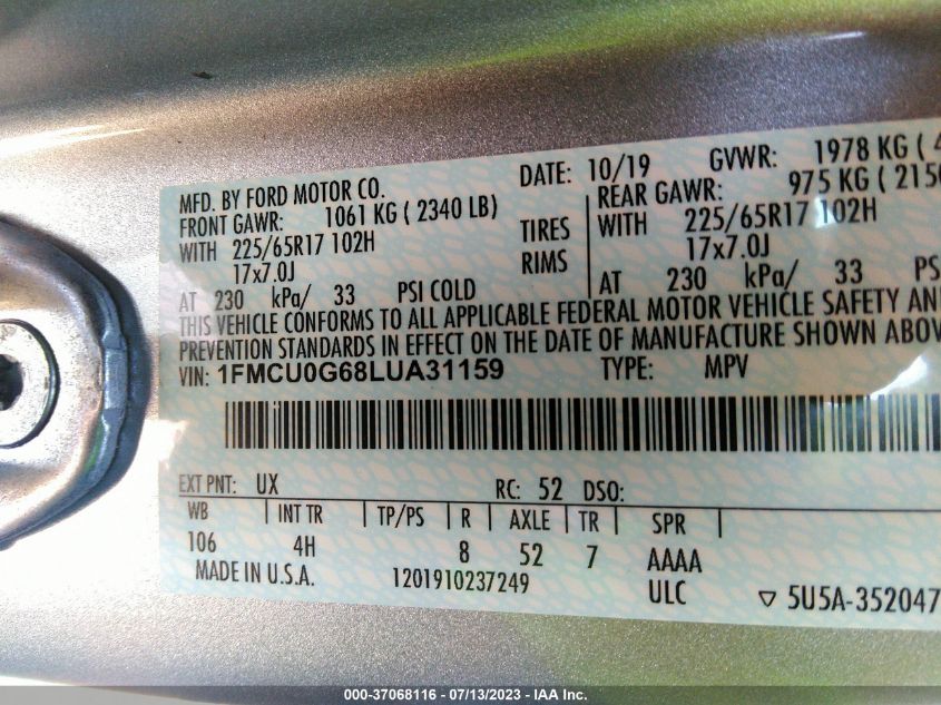 2020 FORD ESCAPE SE - 1FMCU0G68LUA31159