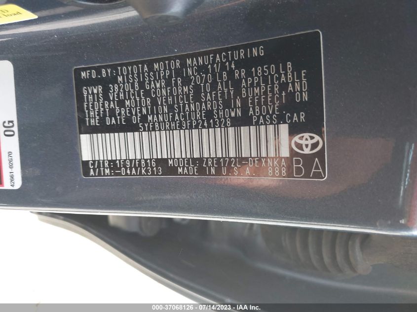 2015 TOYOTA COROLLA L/LE/S/S PLUS/LE PLUS - 5YFBURHE9FP241328