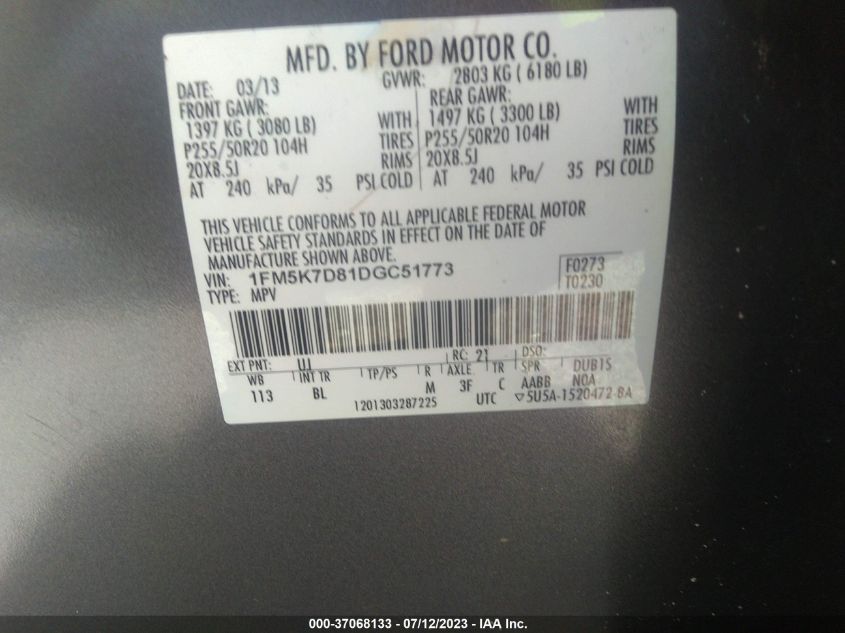 2013 FORD EXPLORER XLT - 1FM5K7D81DGC51773