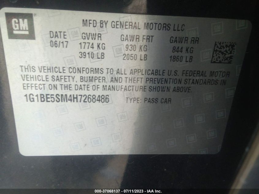 2017 CHEVROLET CRUZE LT - 1G1BE5SM4H7268486