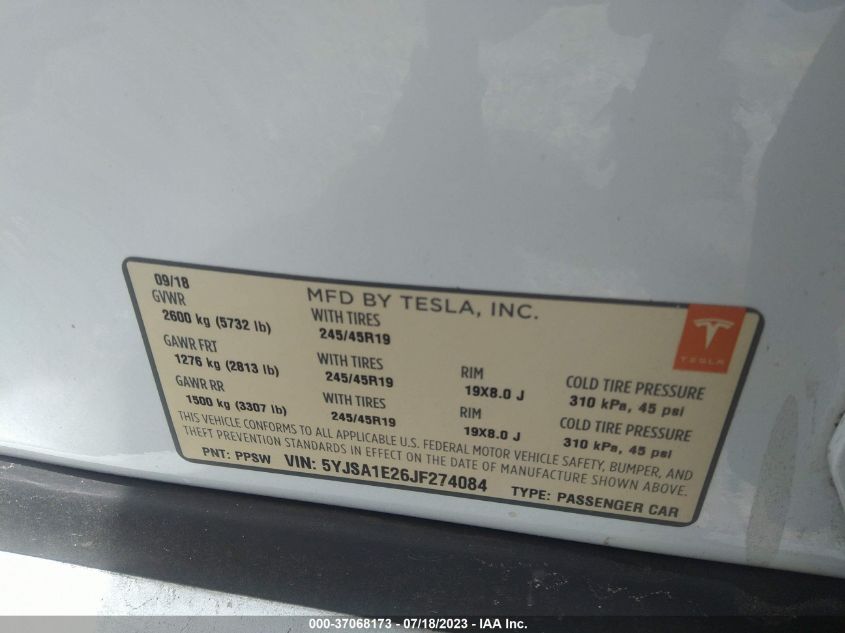2018 TESLA MODEL S - 5YJSA1E26JF274084