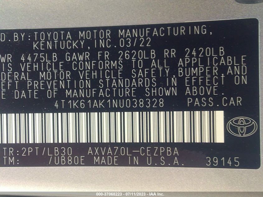 2022 TOYOTA CAMRY XSE - 4T1K61AK1NU038328